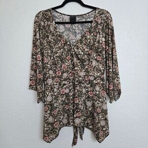 JTB Woman 1X Floral Print Tie Back 3/4 Sleeve Blouse‎ V Neck Flowing Bohemian